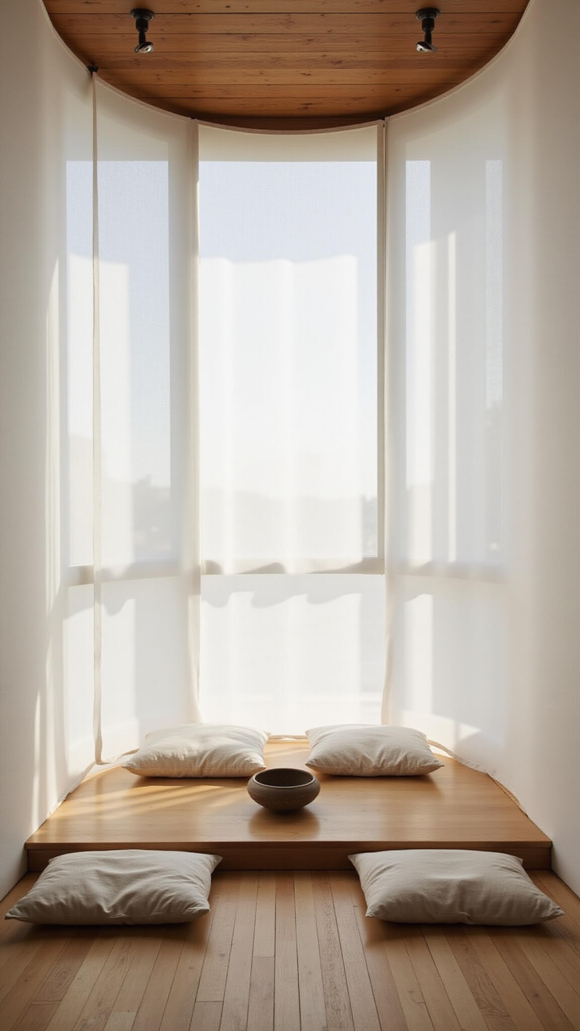 Overhead view of a minimalist circular meditation room with wrap-around white Japandi curtains, low cushions on a raised platform, a simple altar with ceramic vessels, illuminated by soft natural morning light; materials include bamboo, raw silk, and smooth stone in a pale neutral palette.
