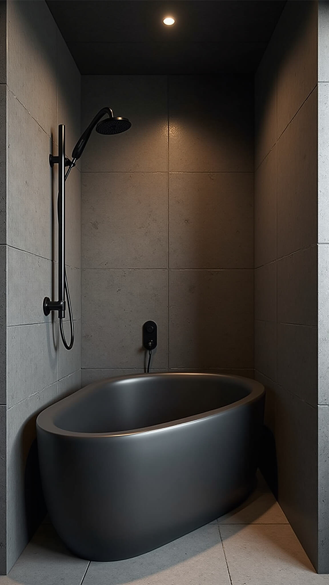 Small yet stylish bathroom with integrated walk-in shower and tub, featuring dark slate tiles, minimalist fixtures, and warm ambient lighting.