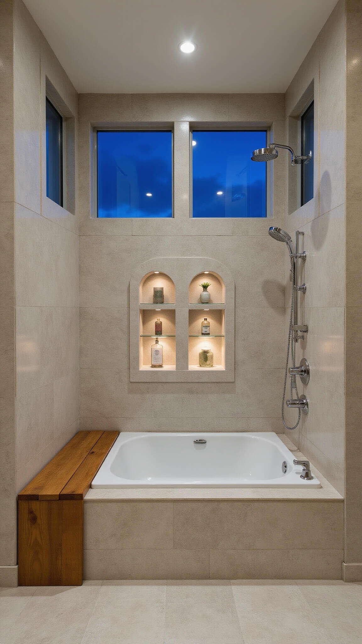 Elegant master bathroom showcasing a Japanese-style soaking tub within a walk-in shower, dual rainfall showerheads, teak accents, and expansive windows at sunset.
