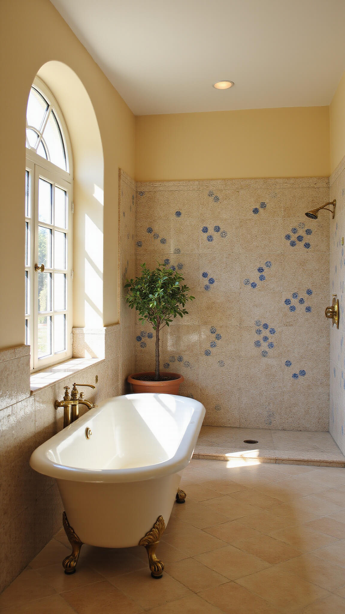 Mediterranean-inspired spa bathroom featuring a white slipper tub, sea blue zellige tiles, terracotta flooring, brass fixtures, olive tree, and morning sunlight through an arched window.