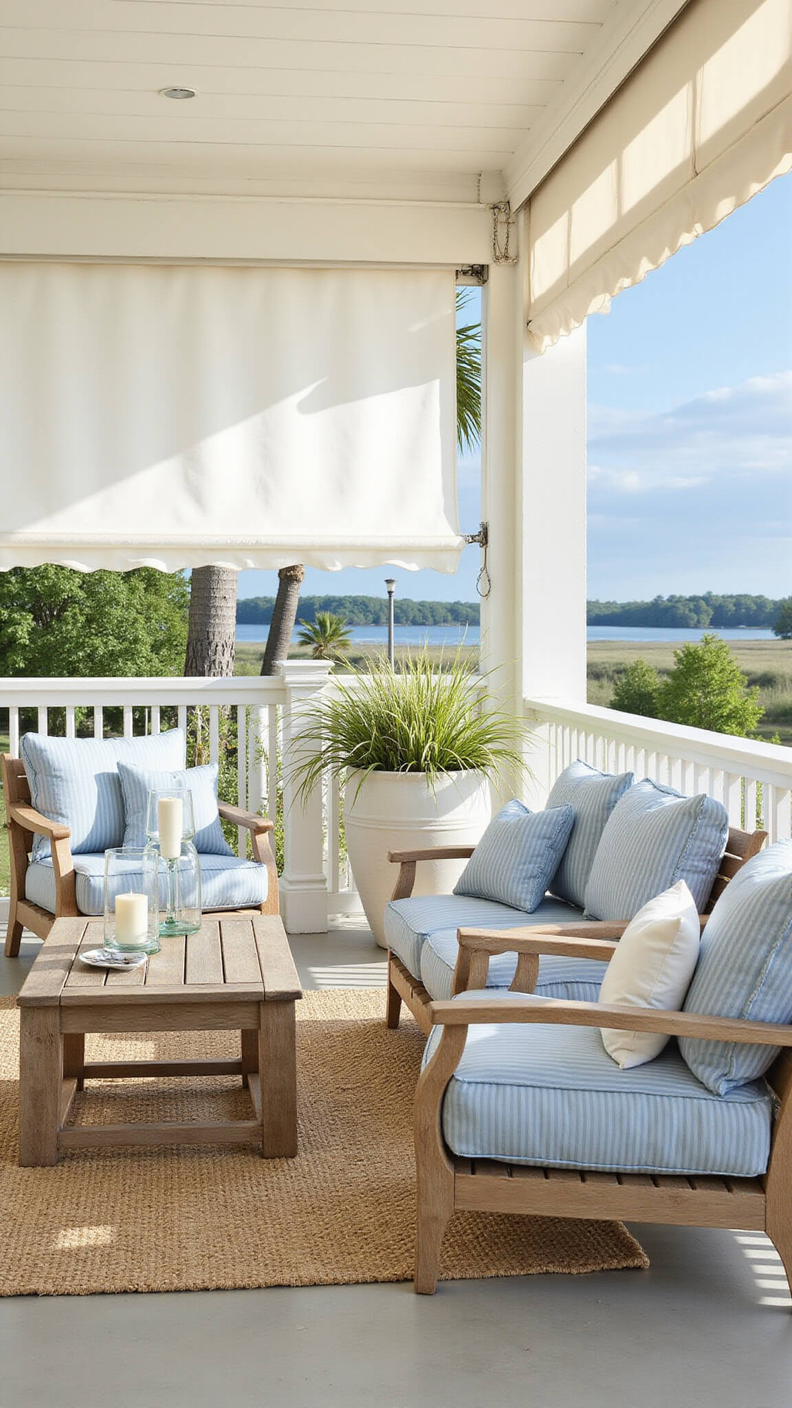 Beach-inspired covered patio with white canvas awning, teak furniture accented with blue-striped cushions, sisal rug, rope details, sea grass planters, and soft morning sunlight highlighting tall whitewashed posts.