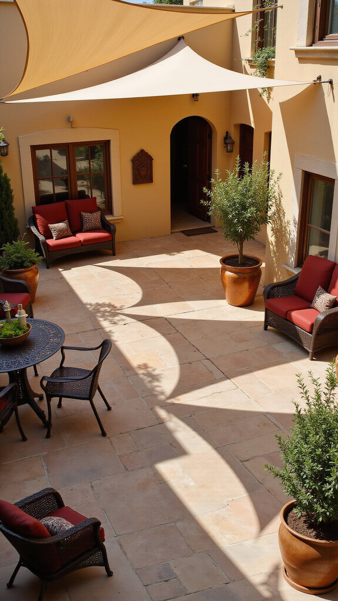 Bird's-eye view of a Mediterranean-style courtyard featuring beige sail shades casting intricate shadows on stone flooring, red-cushioned iron furniture, and olive trees in copper pots.