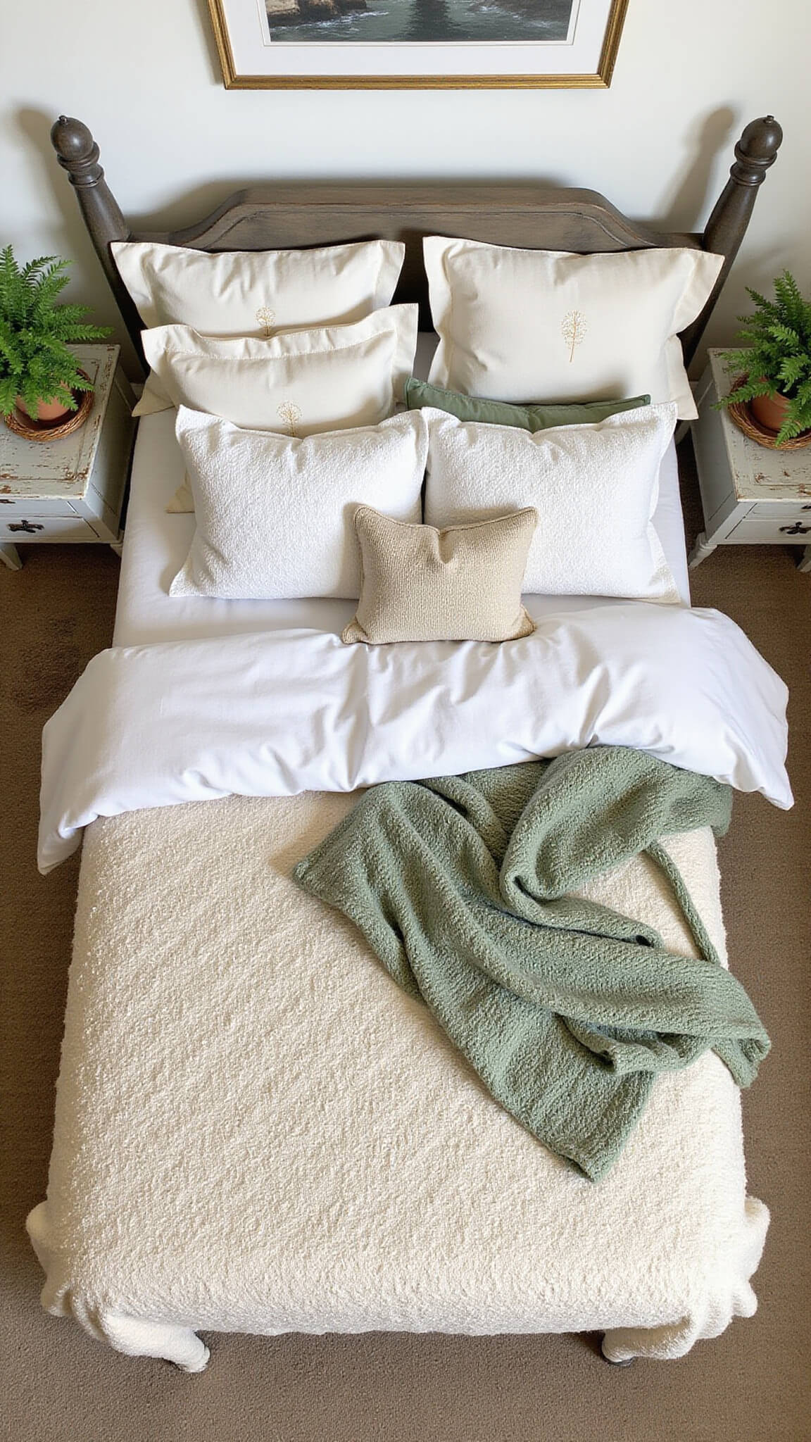 Top-down view of a styled bed with embroidered cushions, chunky knit throws, vintage sage and cream quilt, wicker baskets, potted ferns, and wooden nightstands illuminated by soft natural light.