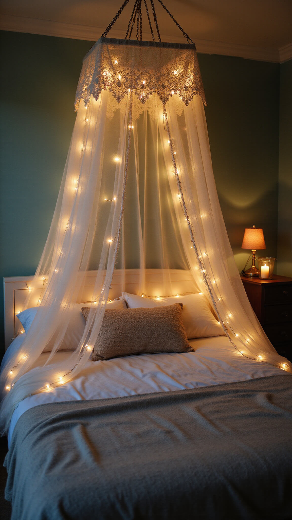 Cozy bed canopy adorned with fairy lights and lace, candlelight casting gentle shadows on sage green walls during twilight with dreamy bokeh effects.