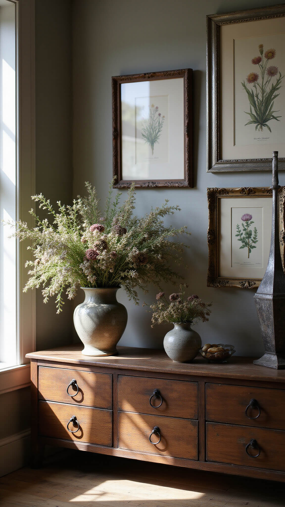 Close-up of a rustic wooden dresser decorated with wildflowers in vintage vases, aged silver frames, and botanical artwork, bathed in soft natural window light.