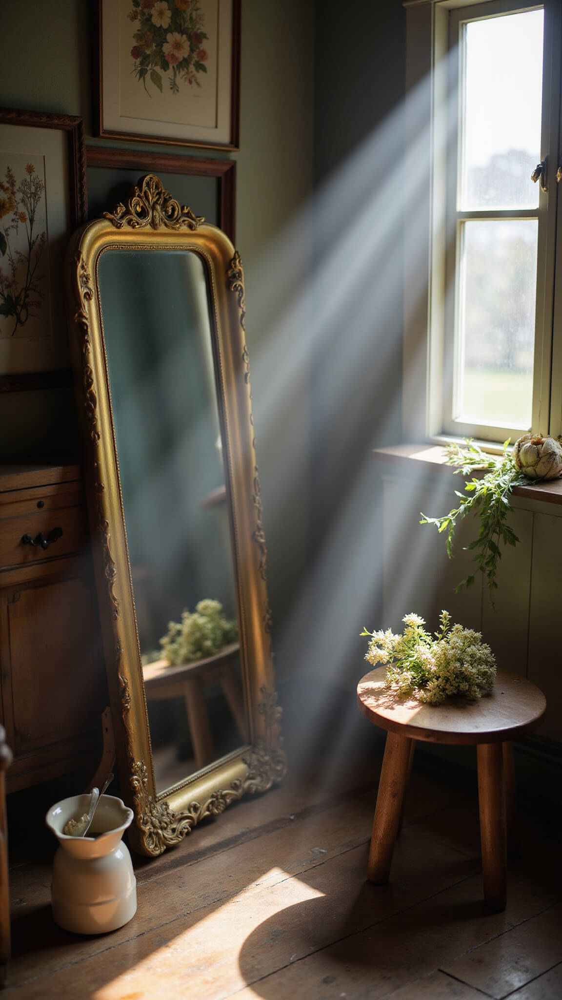 Rustic dressing area illuminated by morning light, featuring a brass-framed mirror reflecting vintage textiles and pressed flowers, with a wooden stool holding personal items and wildflowers.