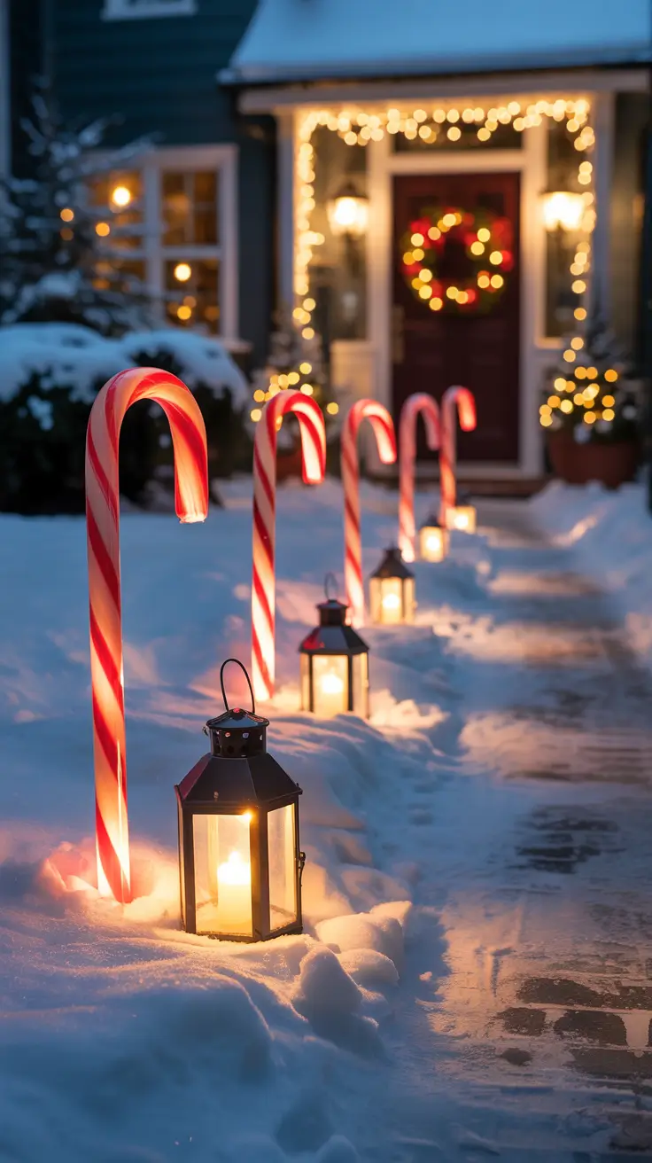 Candy cane stakes lining a walkway