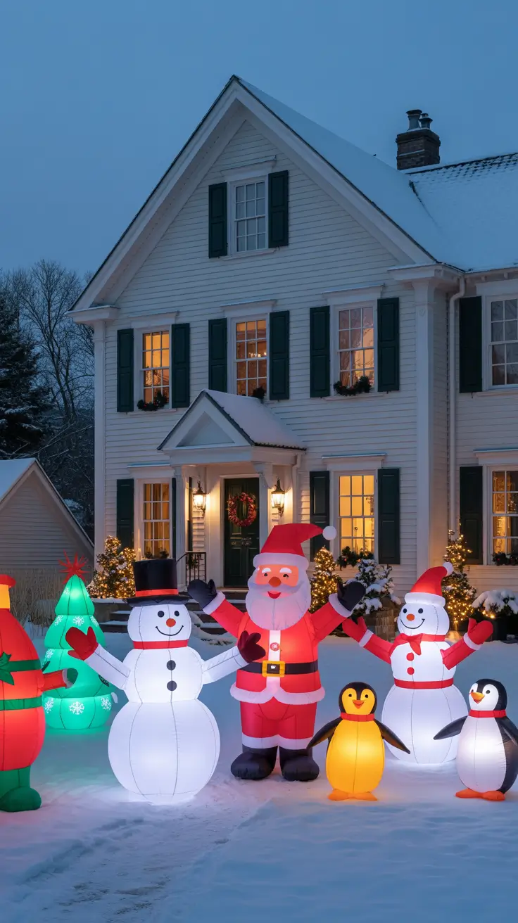 Inflatable snowmen and penguins
