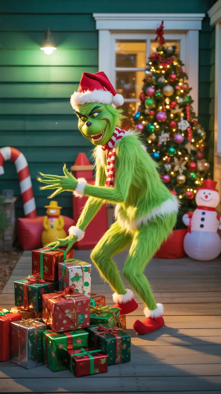 Grinch with presents on porch