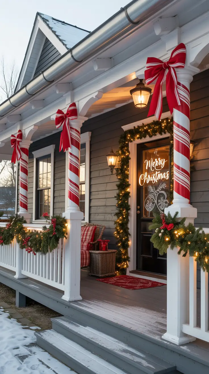 Candy cane wrapped porch columns with bows