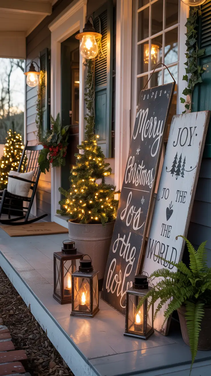 Farmhouse sign with lanterns