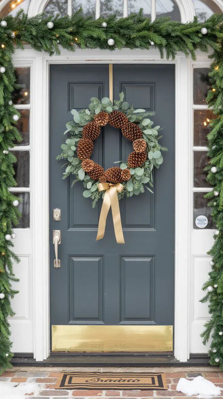 Pinecone and eucalyptus wreath on door