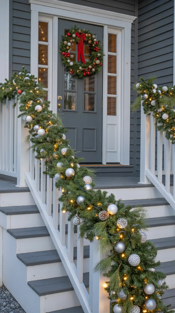 Pre-lit garland on porch railing