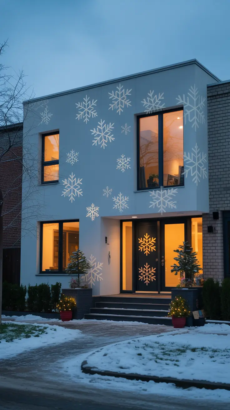 Snowflake light projection on porch
