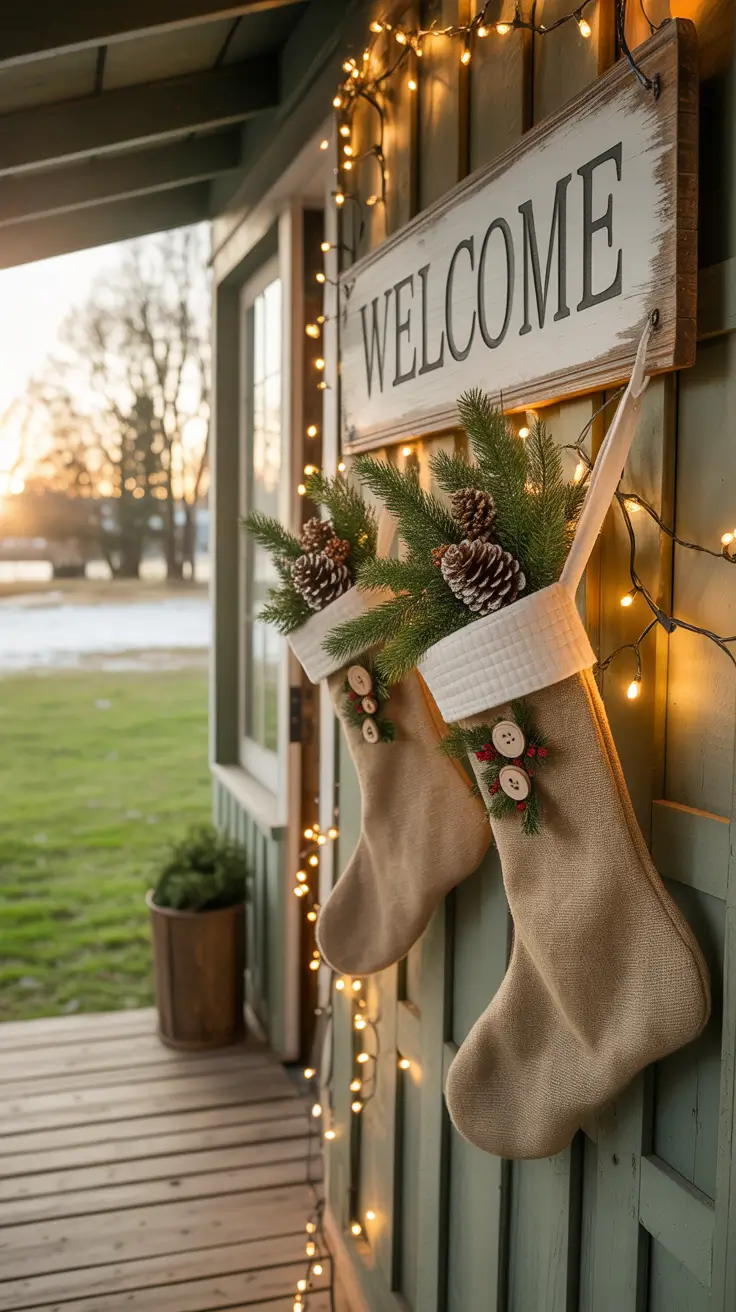 Burlap stockings on porch railing