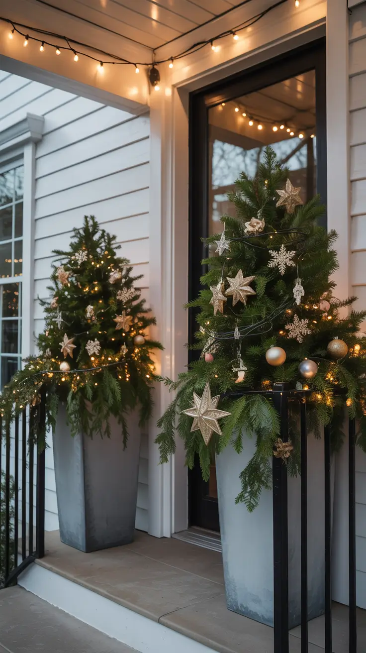 Planter filled with metallic ornaments