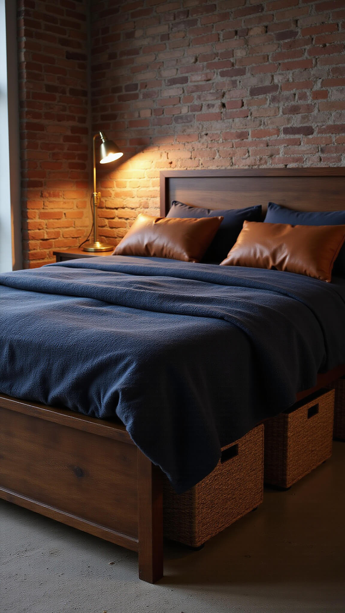 Dark walnut platform storage bed in a moody urban bedroom with exposed brick and vintage lighting