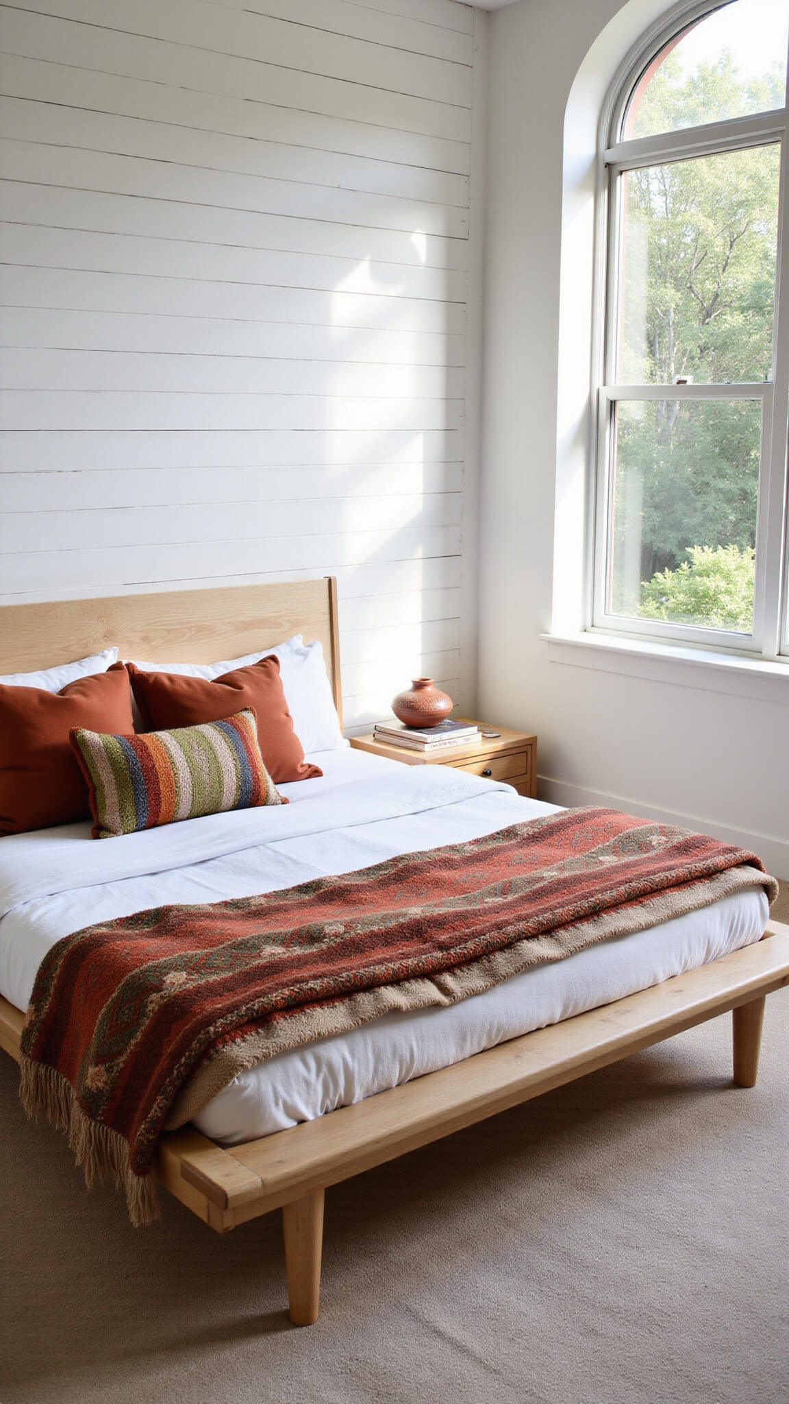 Light oak platform bed with layered bedding and vintage pillows in a sunlit bedroom corner