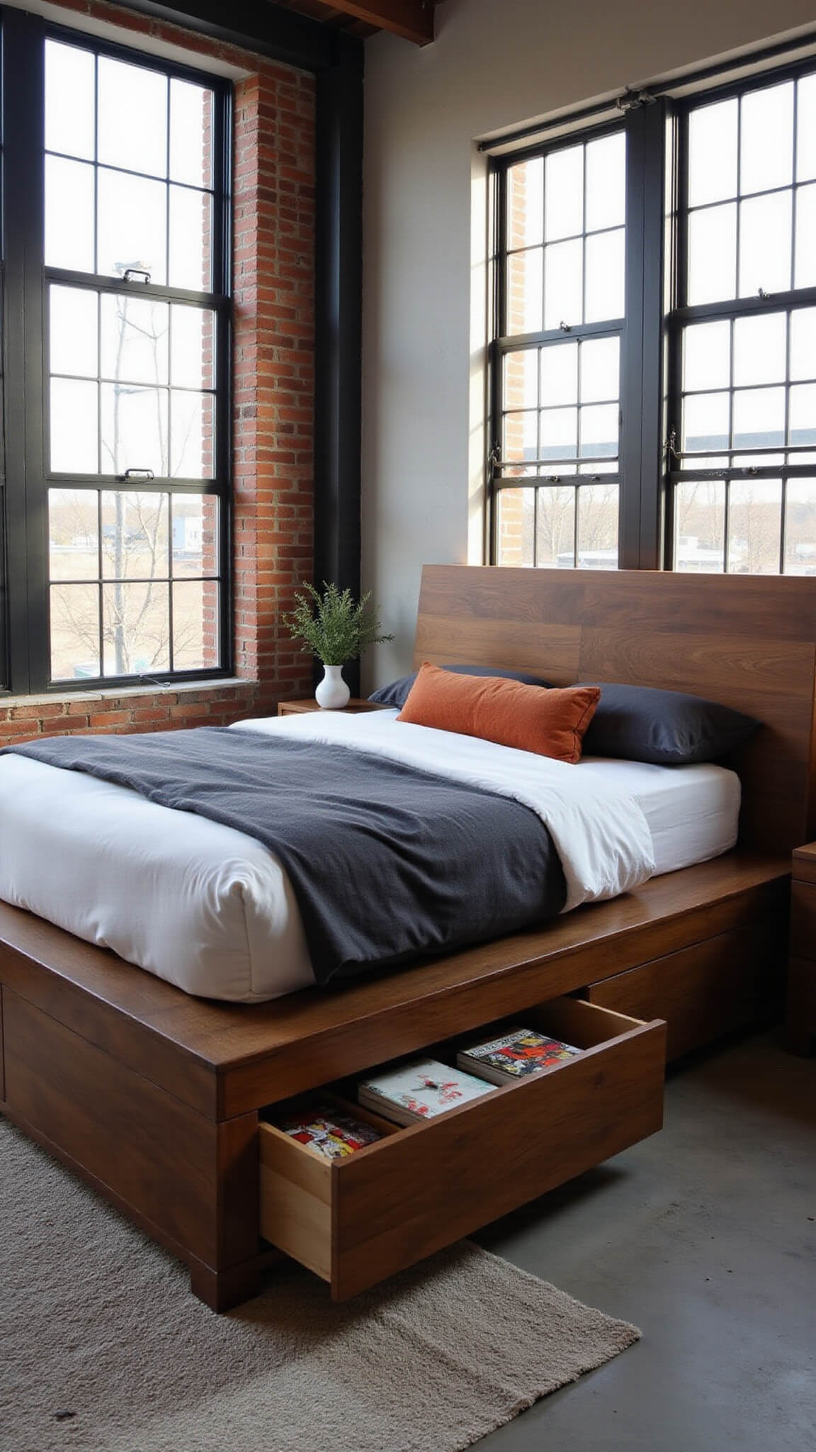 Modern loft bedroom with walnut platform storage bed and geometric headboard illuminated by natural light