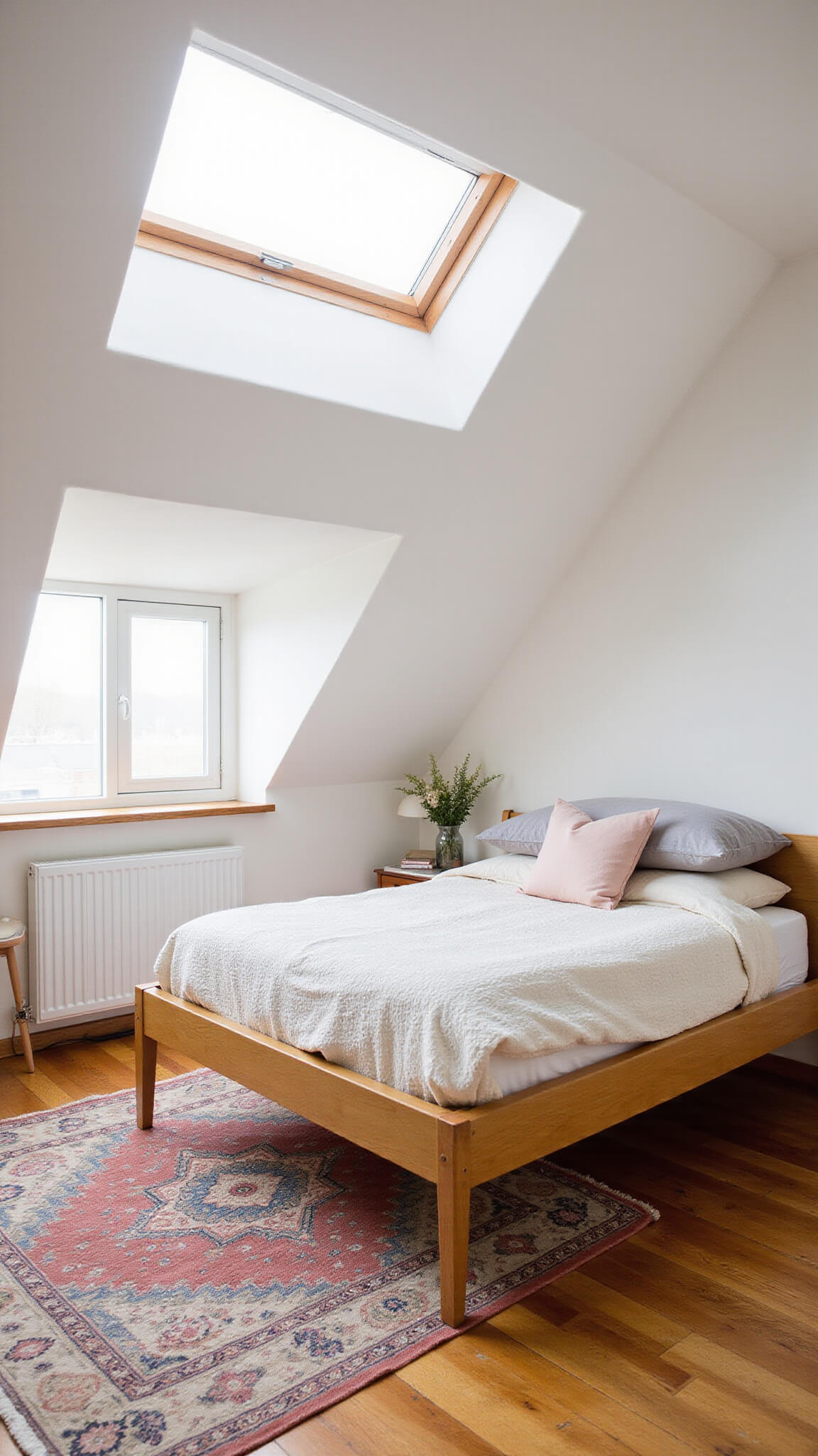 Cozy attic bedroom featuring a honey oak mid-century storage bed with layered bedding and natural light