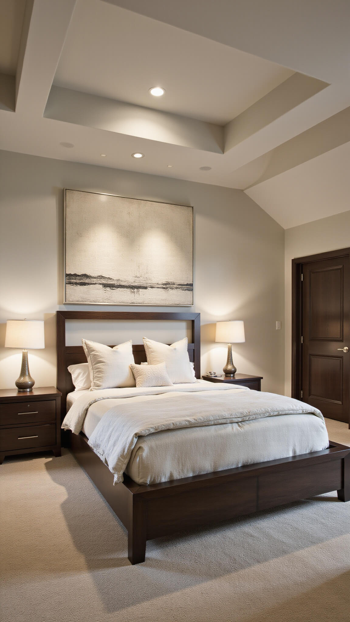 Contemporary bedroom with black walnut bed, floating nightstands, and layered lighting