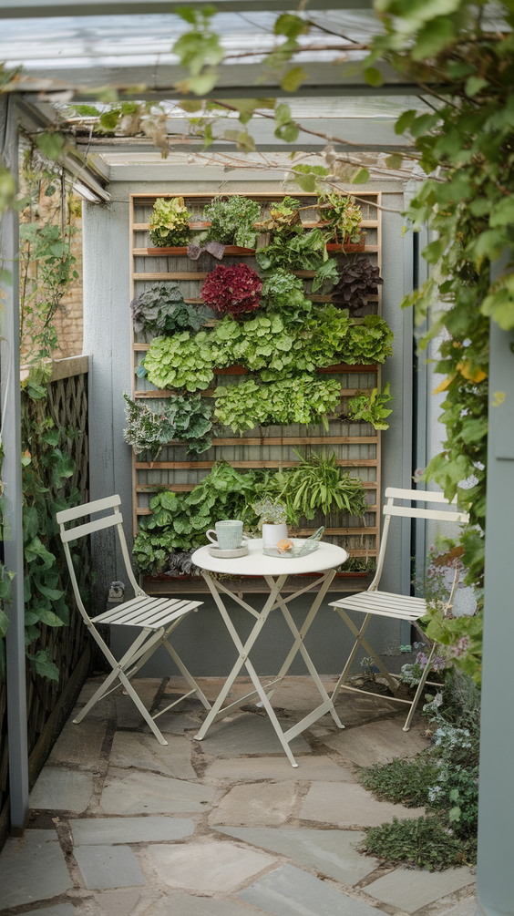 Compact patio with vertical planters and bistro set