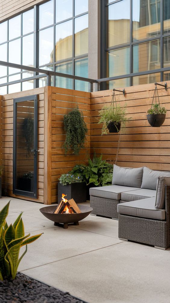 Patio with wooden privacy panels and fire bowl