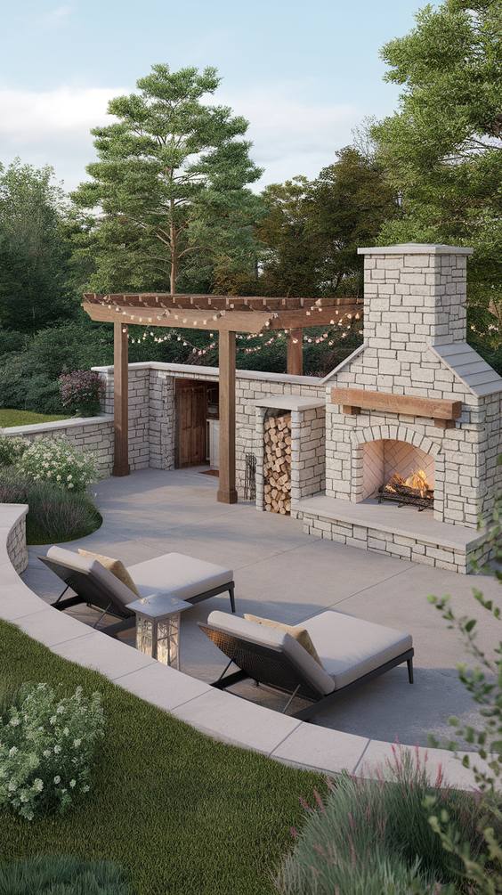 Outdoor patio with built-in stone fireplace and lounge chairs