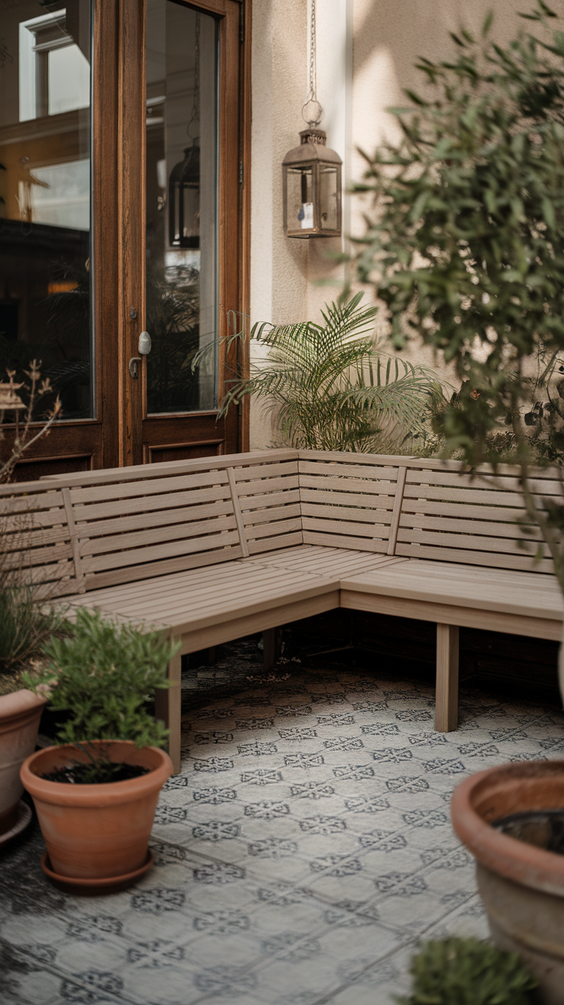 Small patio with built-in bench and Mediterranean tiles