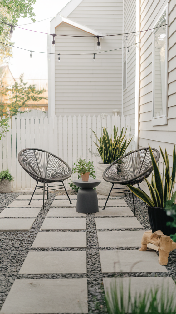 Budget-friendly patio with gravel and concrete pavers