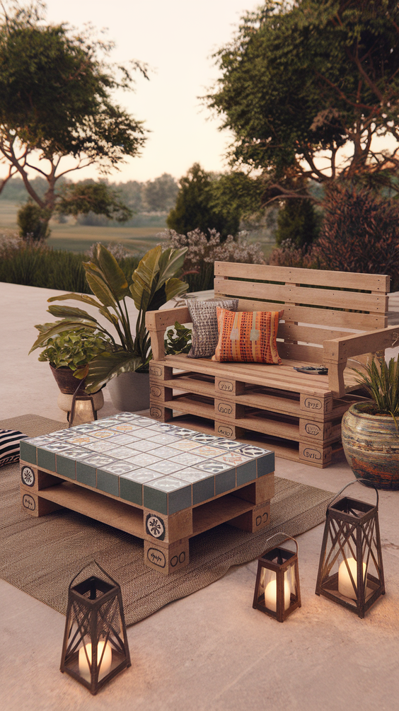 DIY pallet bench with solar lanterns on patio