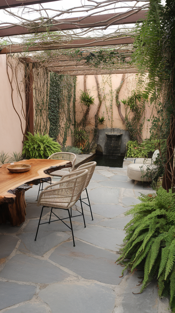 Patio with natural stone floor and live-edge table