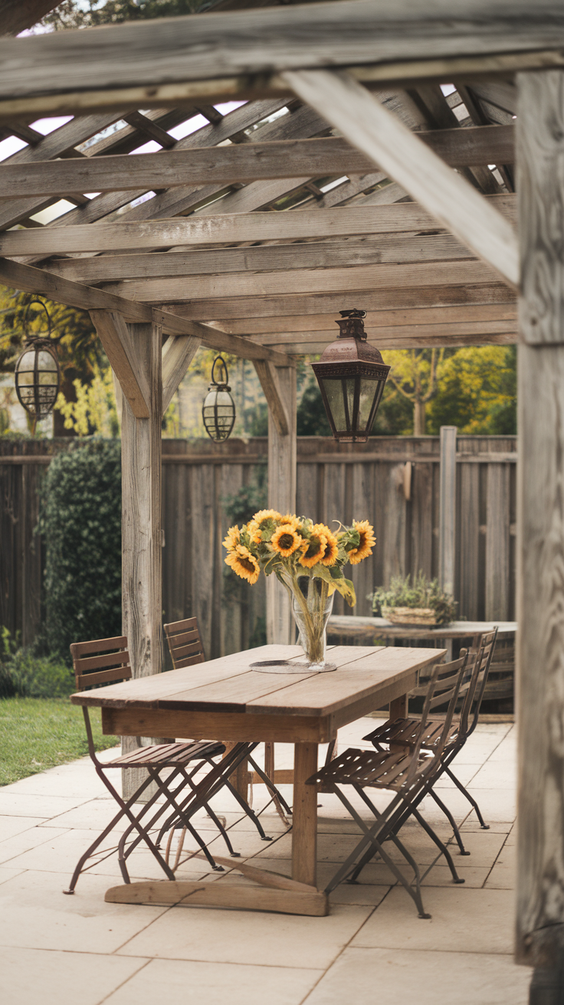 Rustic patio with reclaimed wood pergola and vintage chairs