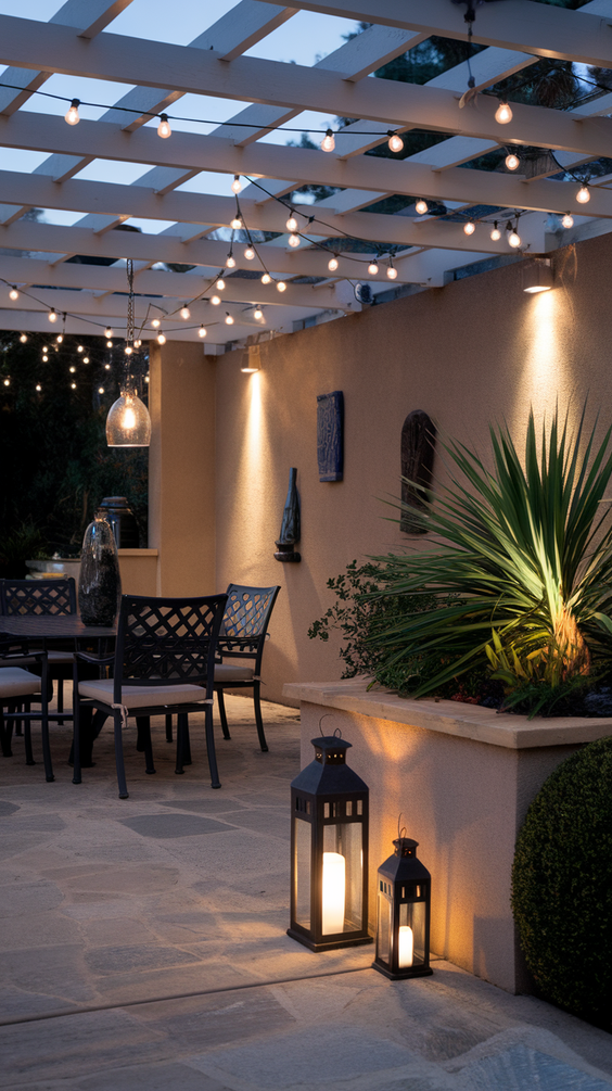 Patio with layered lighting including lanterns and string lights