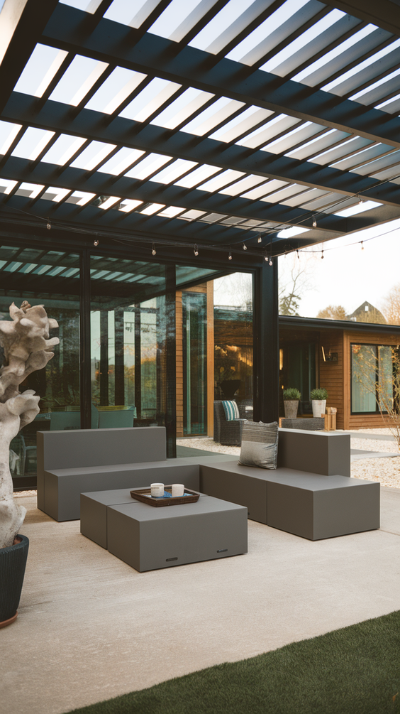 Modern patio with black pergola and modular sofas