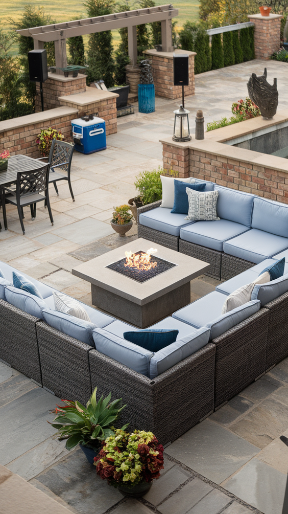 Outdoor patio with fire table and U-shaped sectional