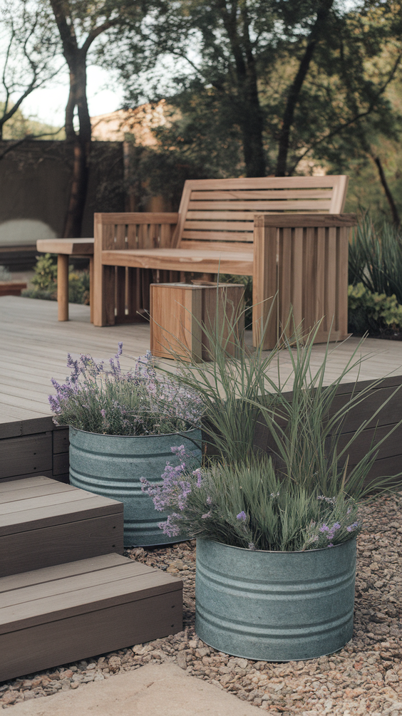Eco-friendly patio with reclaimed wood furniture and native plants