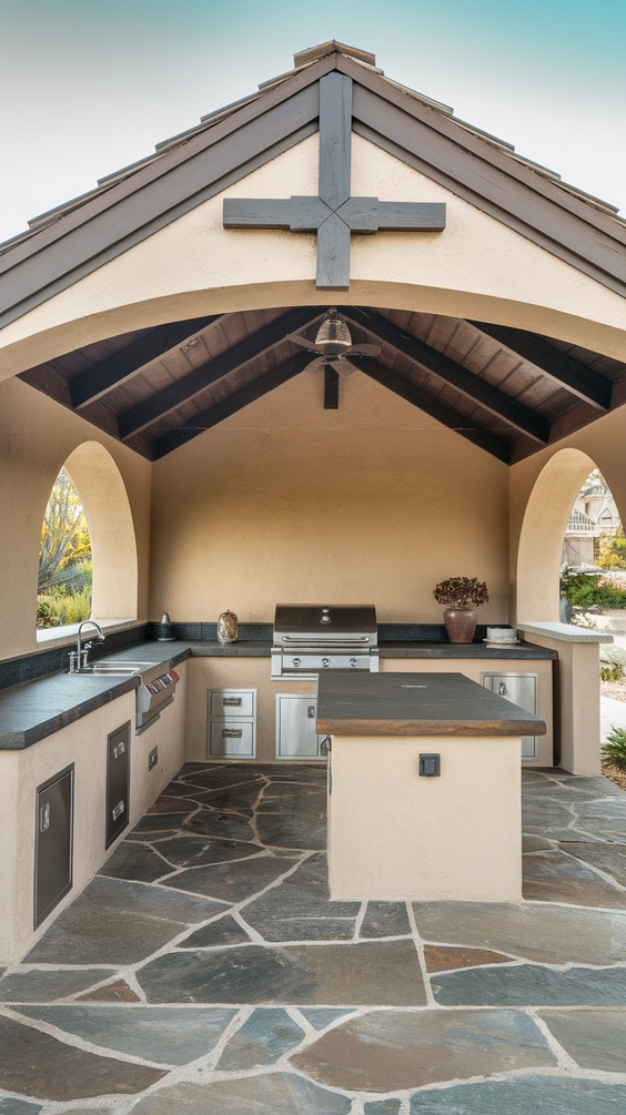 Outdoor BBQ Area with Roof and Sink