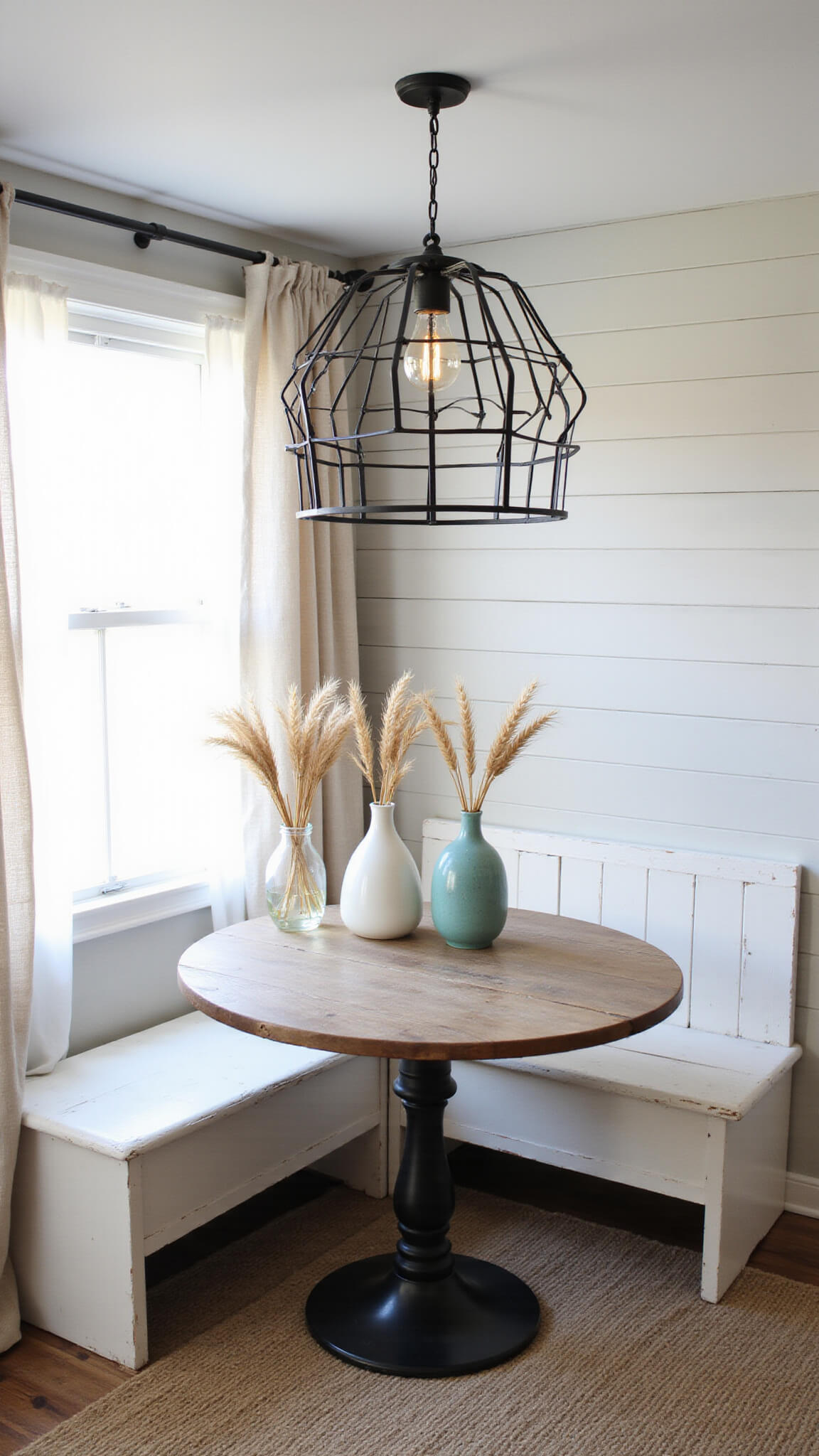 Inviting breakfast nook with black metal pendant light casting morning shadows over a reclaimed wood table, complemented by vintage milk glass vases and neutral decor.