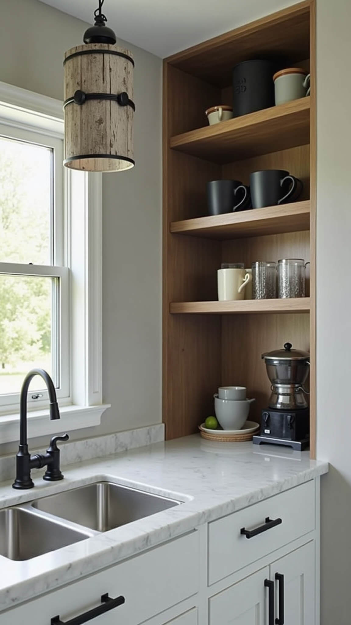 Cozy coffee corner with built-in shelves, marble countertop, and a weathered wood pendant light, accented by ceramic mugs and matte black accessories.