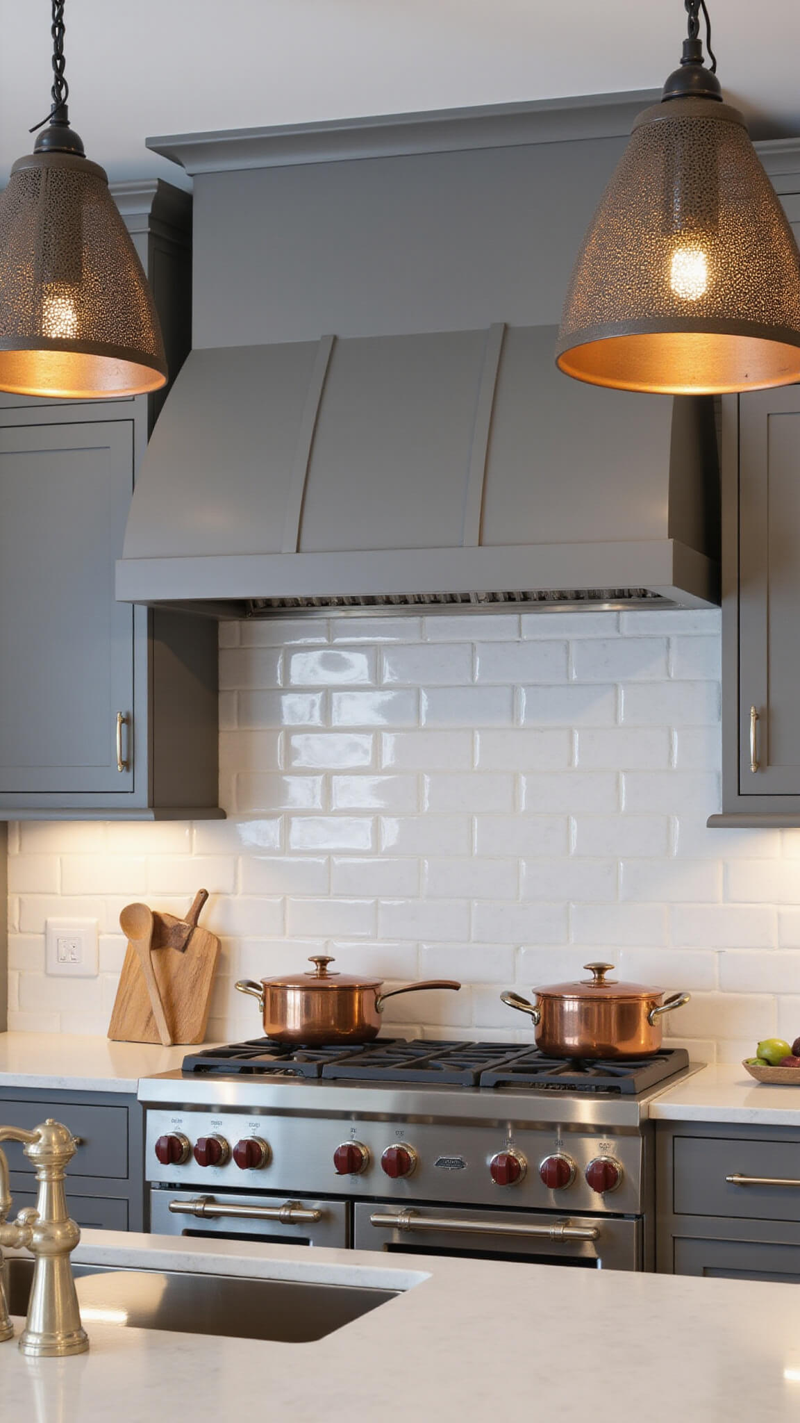 Kitchen prep area with quartz countertops, grey cabinetry, and oil-rubbed bronze industrial pendant lights, accented by copper cookware and wooden utensils.
