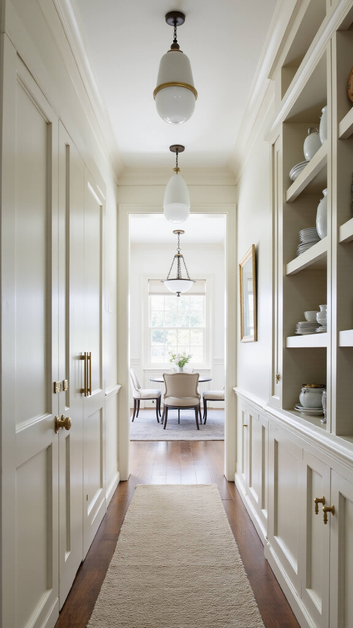 Butler's pantry with white enamel pendant lights, glass-front cabinets, open oak shelving displaying cream ironstone, and soft afternoon light.