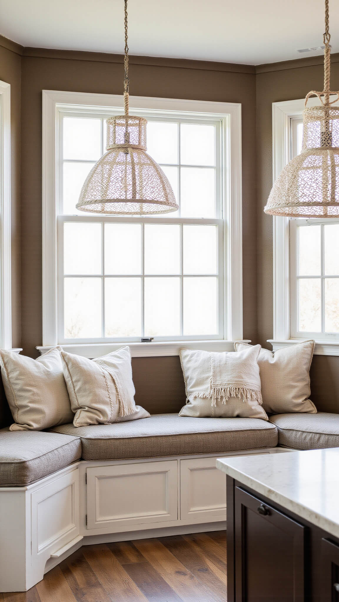 Cozy kitchen nook with bay windows, featuring asymmetrical rattan pendant lights, built-in bench with neutral linens, vintage pillows, and soft throws, bathed in natural light.