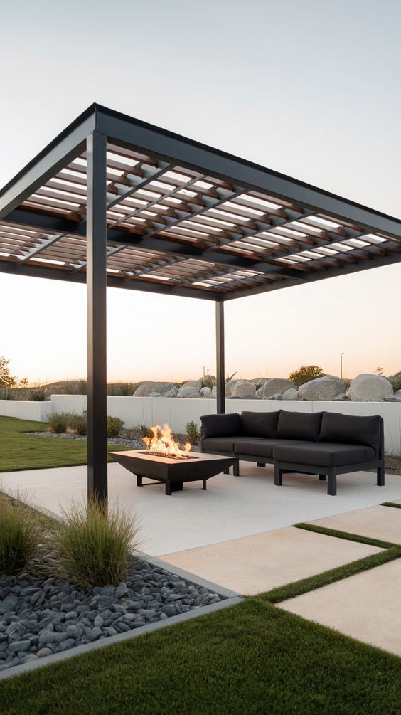 Modern pergola with automated louvered roof and fire pit