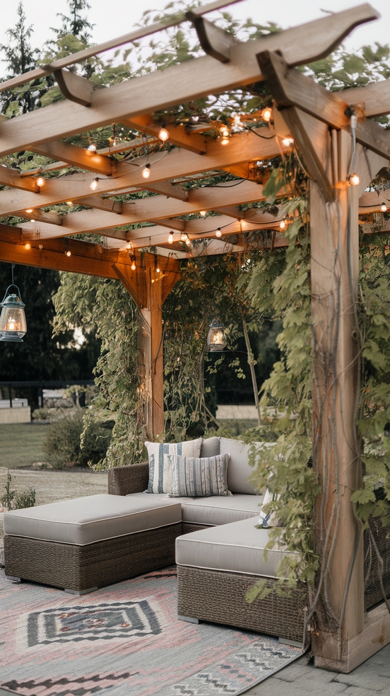 Cozy backyard pergola with cedar frame and fairy lights