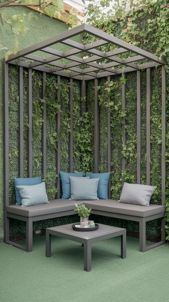 Corner metal pergola with integrated seating and vertical garden
