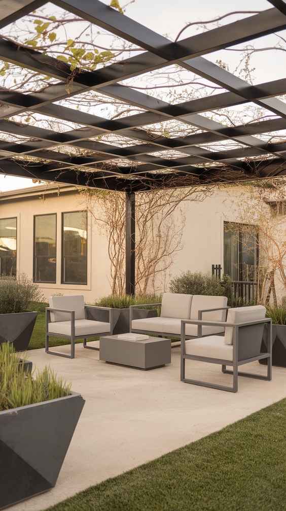 Matte black metal pergola with modular seating