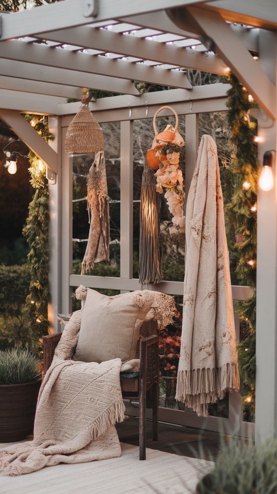 Seasonally decorated pergola with fairy lights and throws