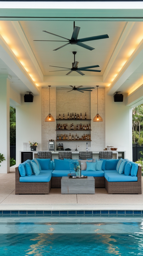 Pool Pavilion Ideas for Outdoor Living with Bar, Kitchen, Fireplace & More