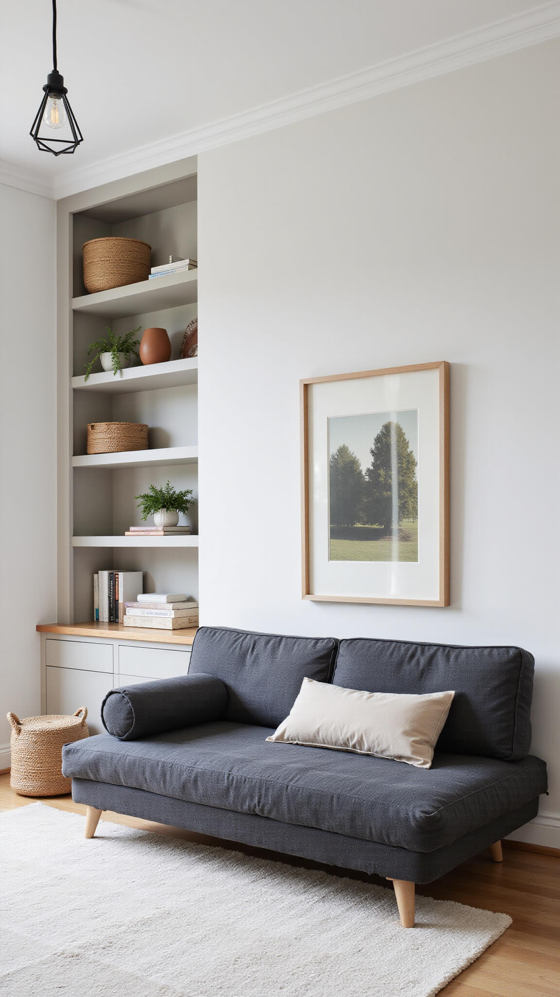 Sleek minimalist guest room featuring charcoal linen daybed, white walls, geometric pendant lighting, built-in shelves, and abundant natural light highlighting versatile decor.